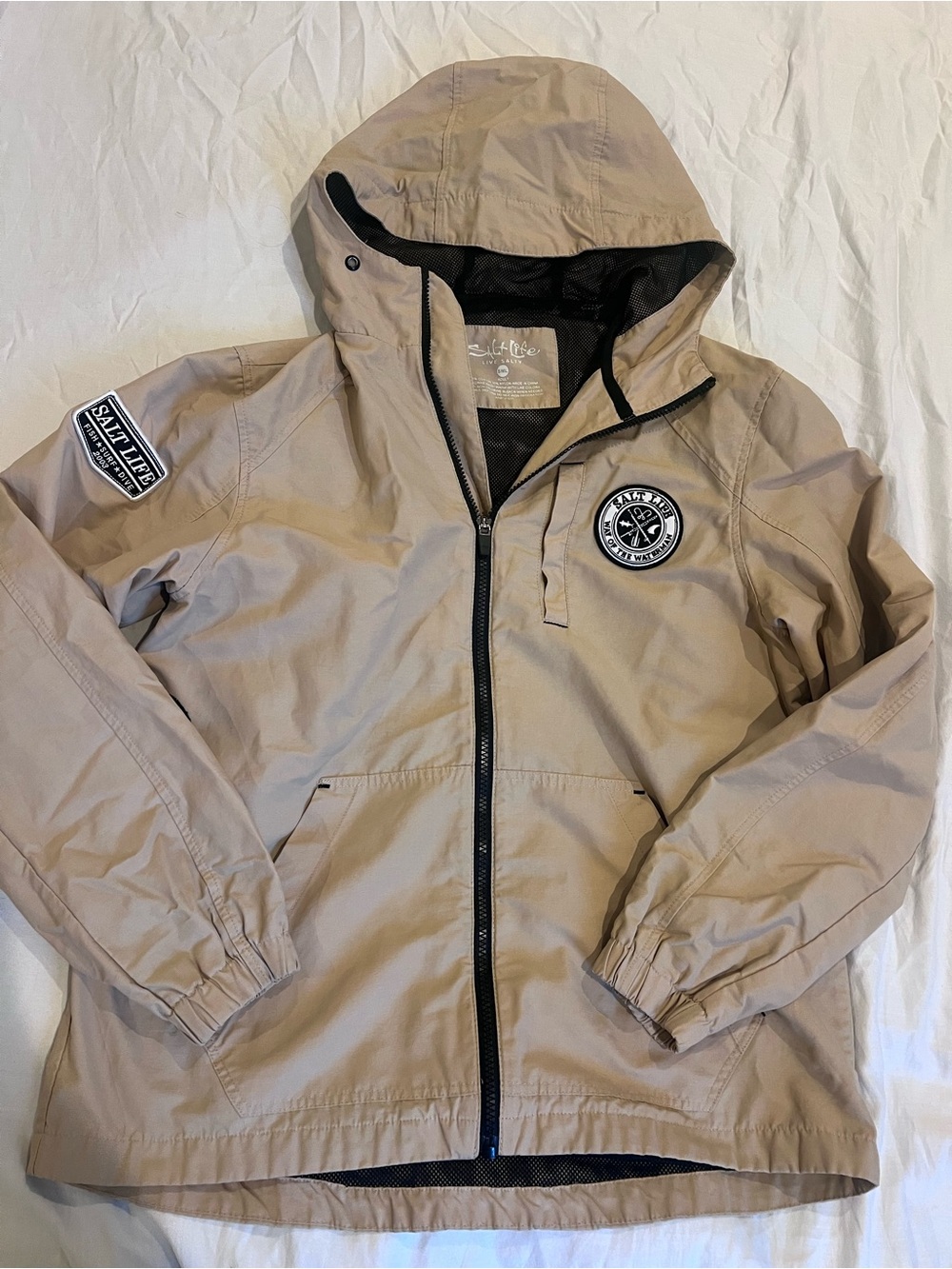 Salt Life Men's Beige Hooded Lined Windbreaker Jacket Full Zip Logo Solid S